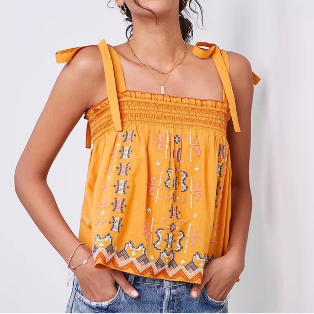 Anthropologie Gold Embroidered Swing Tank